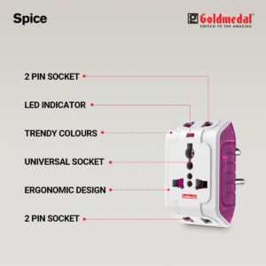 Goldmedal Spice 3 Pin 240V Multi Plug Socket | Universal Travel Adaptor with LED Indicator | Supports 2-Pin&3-Pin Plugs | Multiplug for Home&Office Appliances | Compact & Reliable