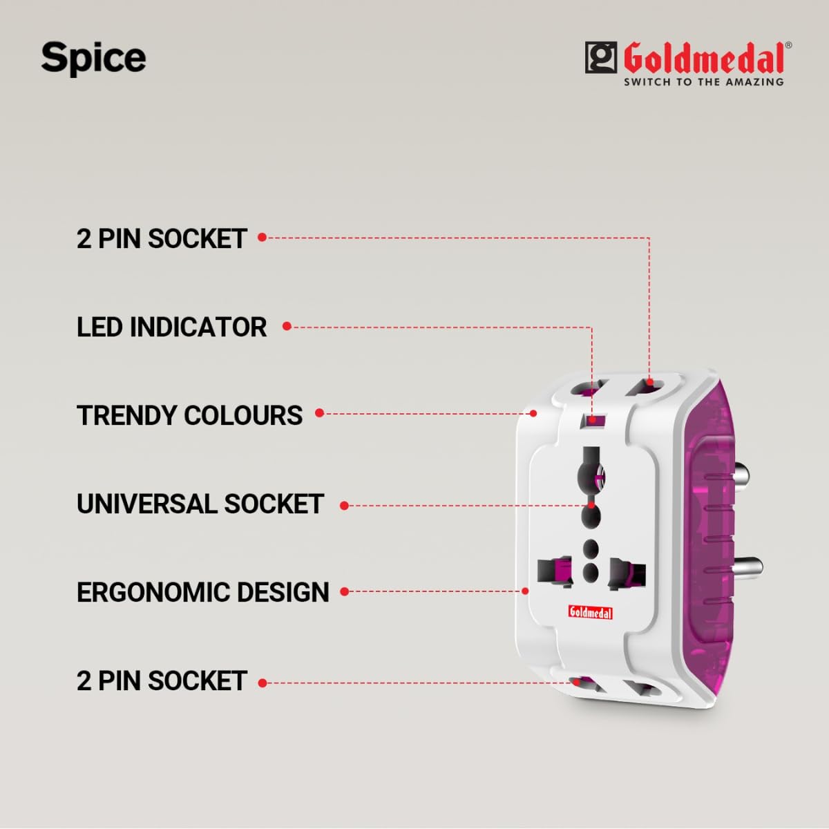 Goldmedal Spice 3 Pin 240V Multi Plug Socket | Universal Travel Adaptor with LED Indicator | Supports 2-Pin&3-Pin Plugs | Multiplug for Home&Office Appliances | Compact & Reliable - Image 8