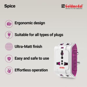 Goldmedal Spice 3 Pin 240V Multi Plug Socket | Universal Travel Adaptor with LED Indicator | Supports 2-Pin&3-Pin Plugs | Multiplug for Home&Office Appliances | Compact & Reliable