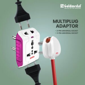 Goldmedal Spice 3 Pin 240V Multi Plug Socket | Universal Travel Adaptor with LED Indicator | Supports 2-Pin&3-Pin Plugs | Multiplug for Home&Office Appliances | Compact & Reliable