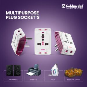 Goldmedal Spice 3 Pin 240V Multi Plug Socket | Universal Travel Adaptor with LED Indicator | Supports 2-Pin&3-Pin Plugs | Multiplug for Home&Office Appliances | Compact & Reliable