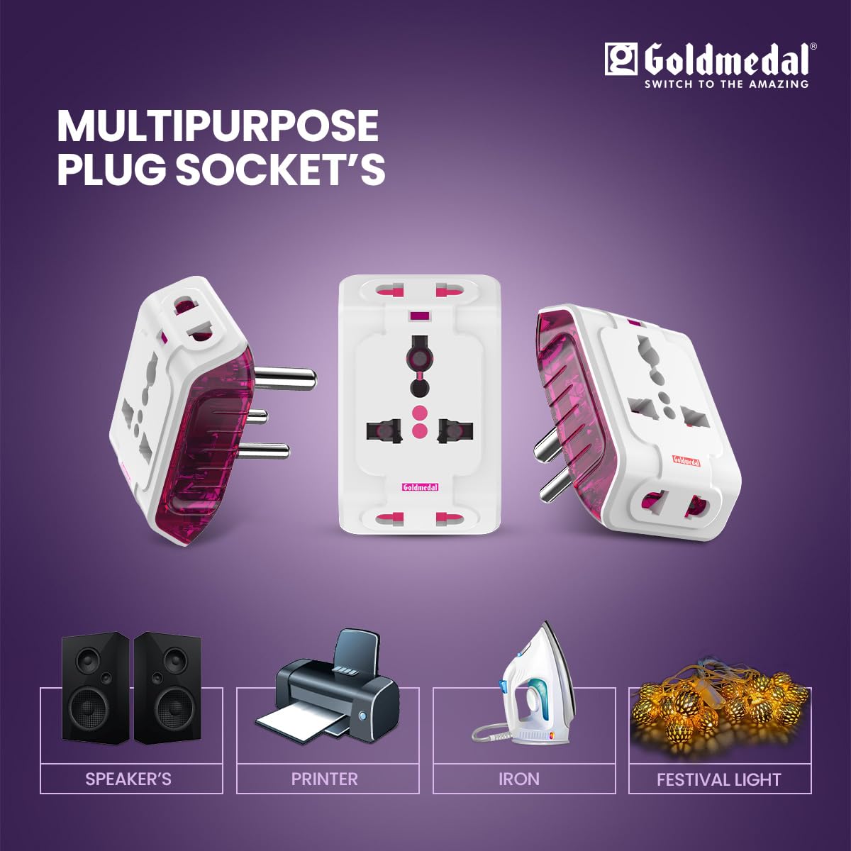 Goldmedal Spice 3 Pin 240V Multi Plug Socket | Universal Travel Adaptor with LED Indicator | Supports 2-Pin&3-Pin Plugs | Multiplug for Home&Office Appliances | Compact & Reliable - Image 2