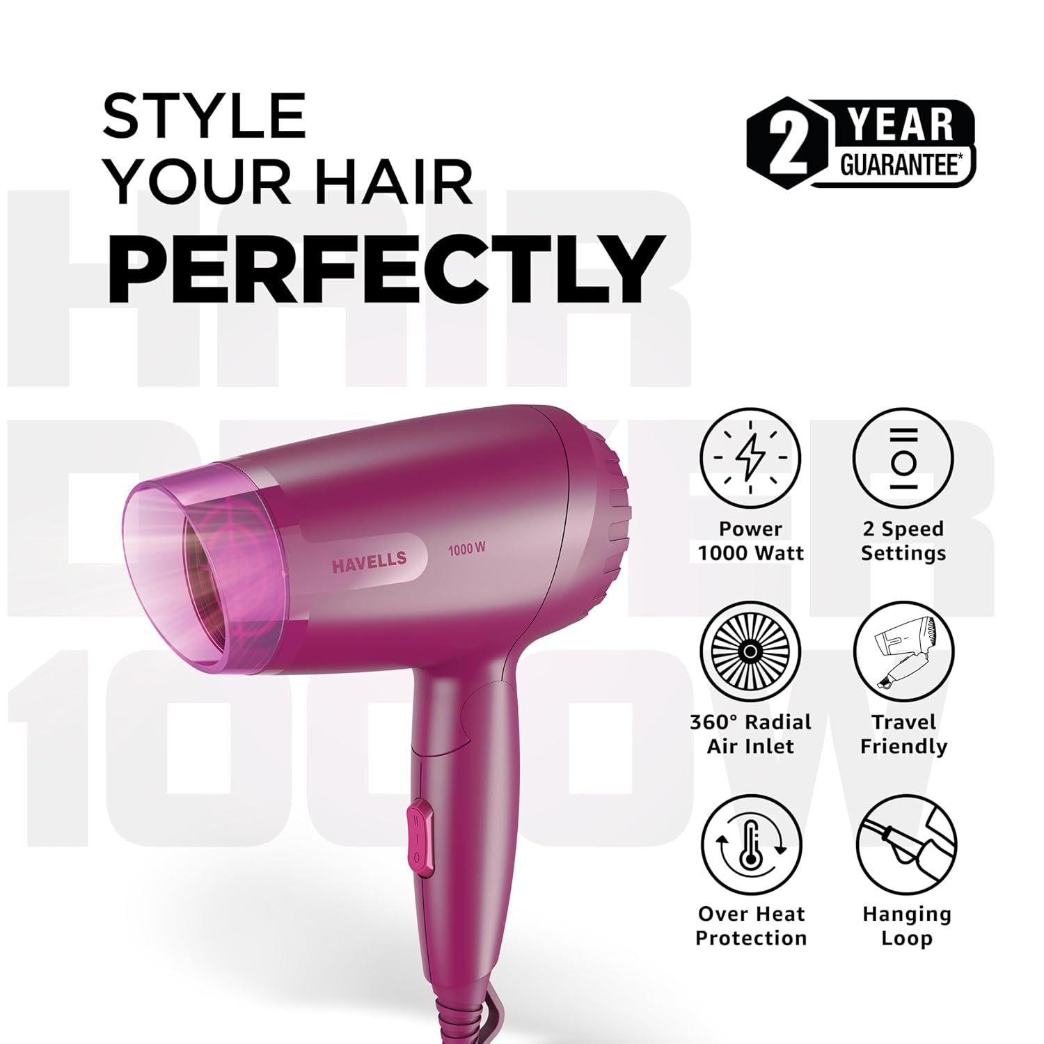 Havells 1000W Foldable Hair Dryer|Blow Dry for Men & Women|2 Temperature Settings|Travel Friendly|360° Radial Inlet| ThermoProtect Feature| HD1845 - Image 7