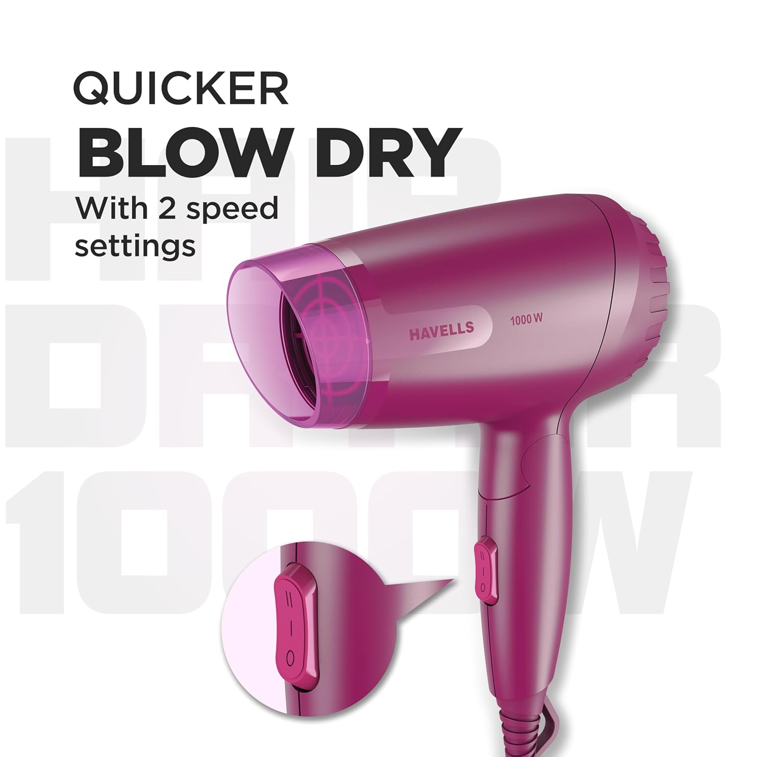 Havells 1000W Foldable Hair Dryer|Blow Dry for Men & Women|2 Temperature Settings|Travel Friendly|360° Radial Inlet| ThermoProtect Feature| HD1845 - Image 5