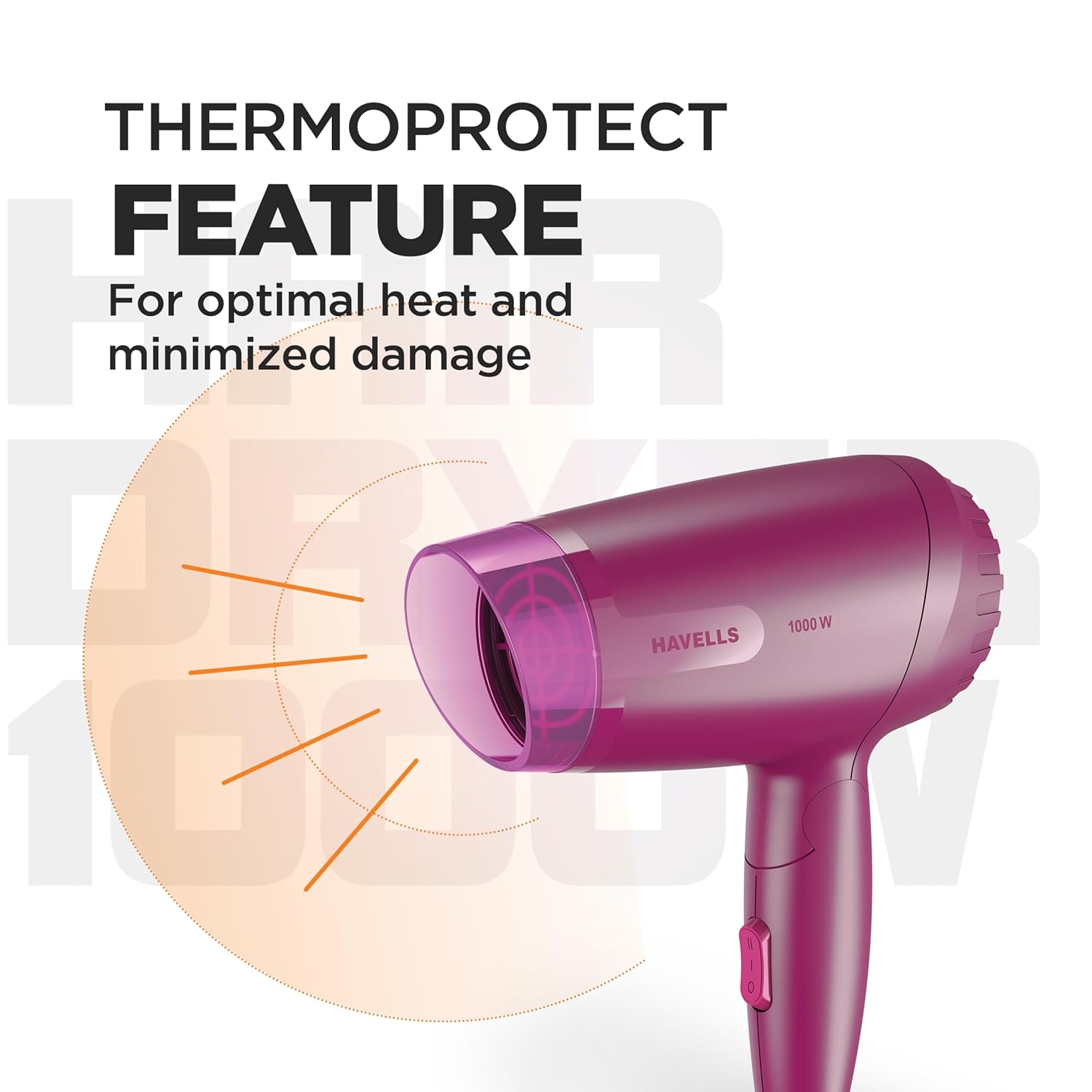 Havells 1000W Foldable Hair Dryer|Blow Dry for Men & Women|2 Temperature Settings|Travel Friendly|360° Radial Inlet| ThermoProtect Feature| HD1845 - Image 2