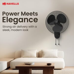 Havells Gatik Pro 400mm Wall Mount Fan|RPM: 1350|Double string for Speed & Oscillation control | Thermal Overloaded Protected Motor | 100% Copper Wire Winding Motor | 2 Year Warranty,230 Volts(Black)
