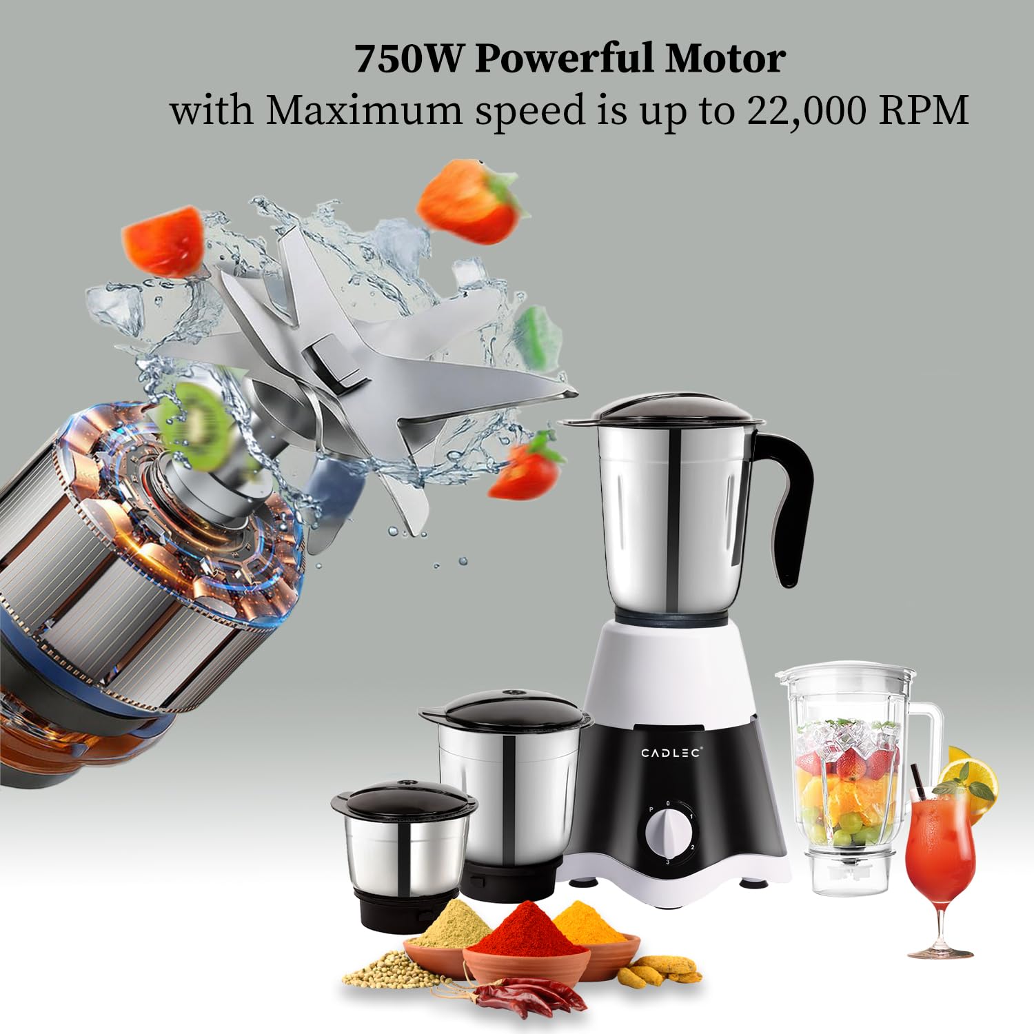Cadlec JarGenie 4 Jar 750 Watt Mixer Grinder | High-Power Juicer, Blender & Mixer | Durable ABS Body | Multi-Function for Juicing & Blending | 2-Year Warranty - Image 2
