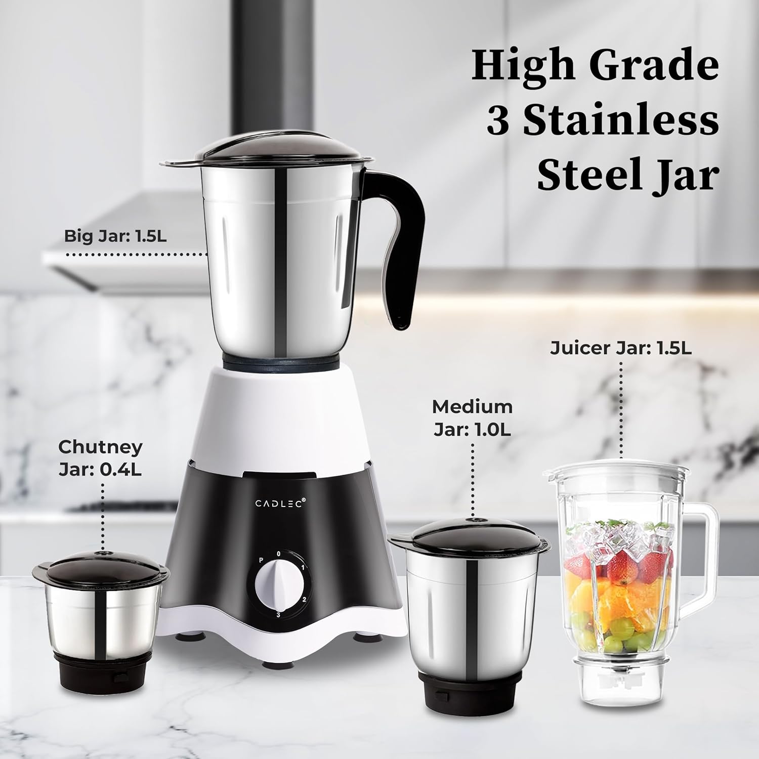 Cadlec JarGenie 4 Jar 750 Watt Mixer Grinder | High-Power Juicer, Blender & Mixer | Durable ABS Body | Multi-Function for Juicing & Blending | 2-Year Warranty - Image 3