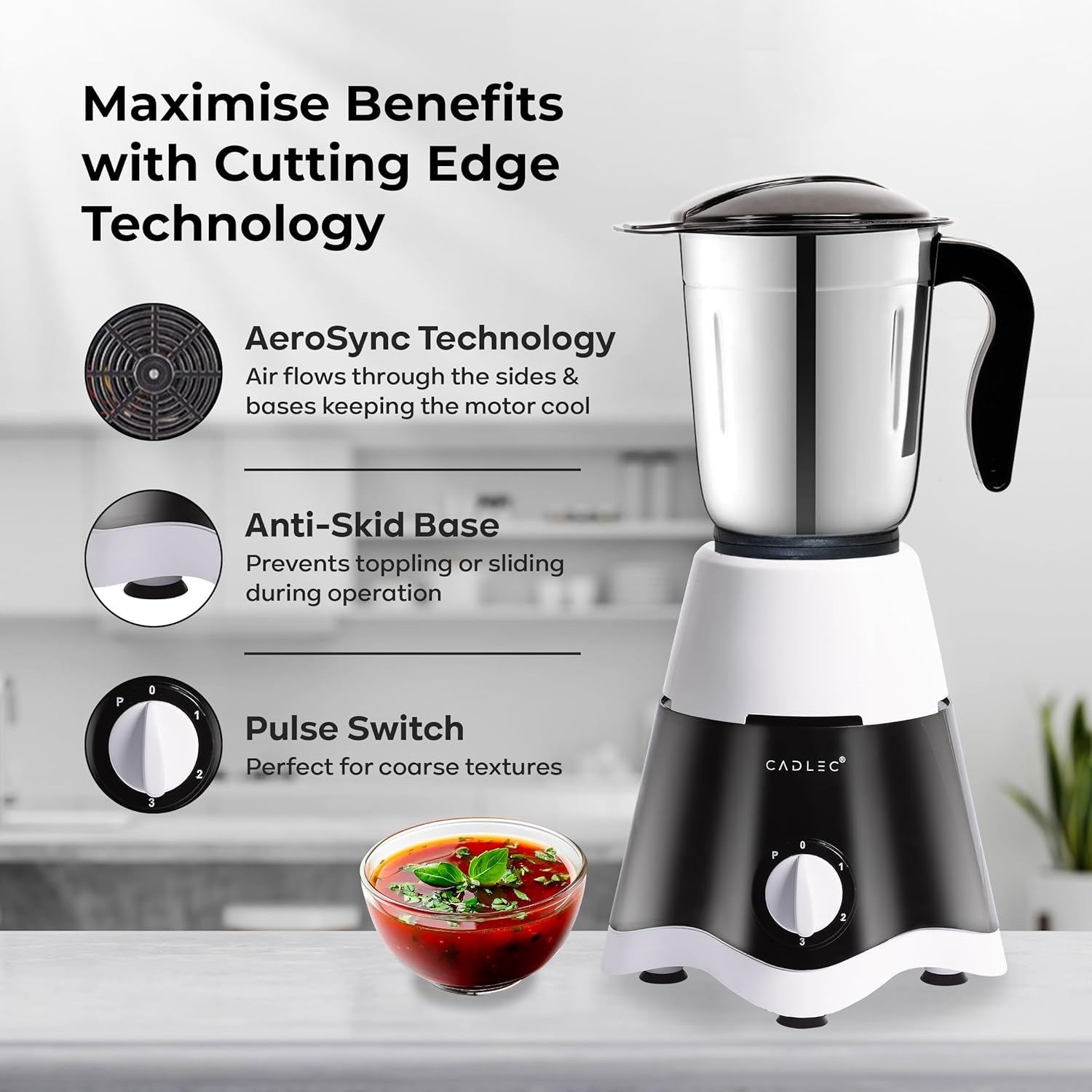 Cadlec JarGenie 4 Jar 750 Watt Mixer Grinder | High-Power Juicer, Blender & Mixer | Durable ABS Body | Multi-Function for Juicing & Blending | 2-Year Warranty - Image 4
