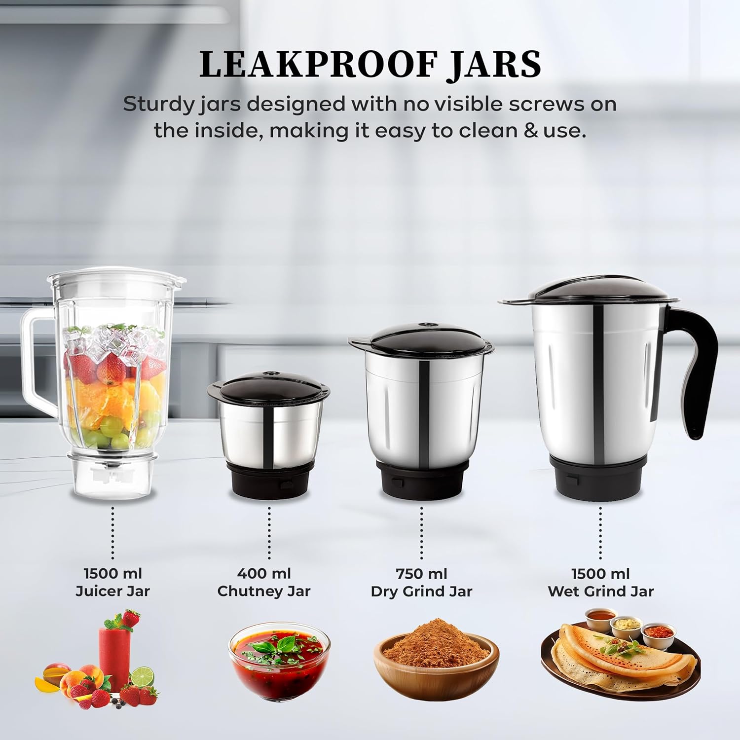 Cadlec JarGenie 4 Jar 750 Watt Mixer Grinder | High-Power Juicer, Blender & Mixer | Durable ABS Body | Multi-Function for Juicing & Blending | 2-Year Warranty - Image 5