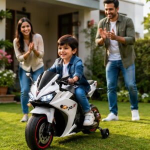 Husky Sports Bike Ride-On for Kids | 12V Battery Operated Sports Bike with LED Lights, Music & Training Wheels
