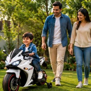 Husky Sports Bike Ride-On for Kids | 12V Battery Operated Sports Bike with LED Lights, Music & Training Wheels
