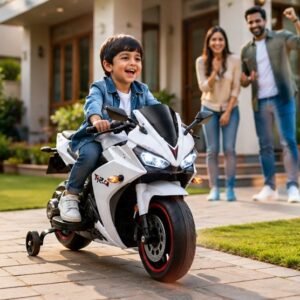 Husky Sports Bike Ride-On for Kids | 12V Battery Operated Sports Bike with LED Lights, Music & Training Wheels