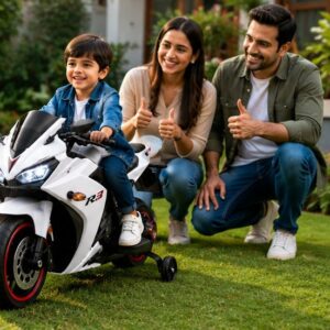 Husky Sports Bike Ride-On for Kids | 12V Battery Operated Sports Bike with LED Lights, Music & Training Wheels