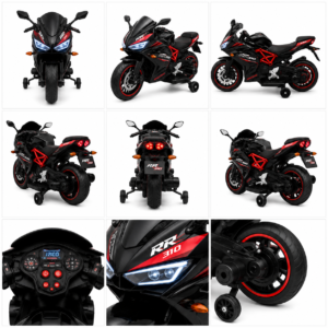 RR310 Racing Bike – Premium Battery Operated Ride-On Bike with LED Lights, Music System & Training Wheels for Kids (Black & Red)