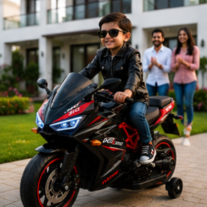 RR310 Racing Bike – Premium Battery Operated Ride-On Bike with LED Lights, Music System & Training Wheels for Kids (Black & Red)