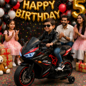 RR310 Racing Bike – Premium Battery Operated Ride-On Bike with LED Lights, Music System & Training Wheels for Kids (Black & Red)