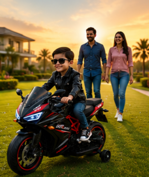 RR310 Racing Bike – Premium Battery Operated Ride-On Bike with LED Lights, Music System & Training Wheels for Kids (Black & Red)