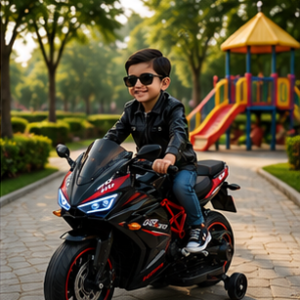 RR310 Racing Bike – Premium Battery Operated Ride-On Bike with LED Lights, Music System & Training Wheels for Kids (Black & Red)