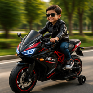 RR310 Racing Bike – Premium Battery Operated Ride-On Bike with LED Lights, Music System & Training Wheels for Kids (Black & Red)