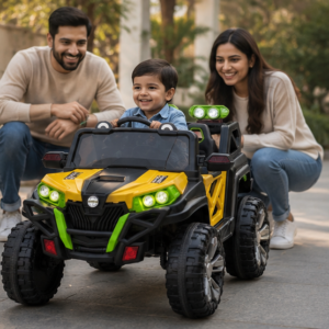 Ride On Jeep 438 – Premium Battery Operated Kids Electric Jeep with Remote Control, LED Lights & Music System (Yellow & Black)