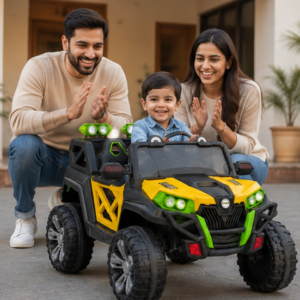 Ride On Jeep 438 – Premium Battery Operated Kids Electric Jeep with Remote Control, LED Lights & Music System (Yellow & Black)