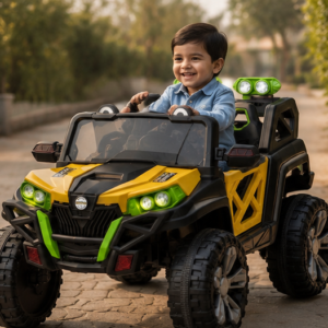 Ride On Jeep 438 – Premium Battery Operated Kids Electric Jeep with Remote Control, LED Lights & Music System (Yellow & Black)