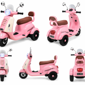 Kids Electric Scooter | Vespa Style 3-Wheel Battery Operated Ride-On Scooter | Music, LED Lights & Safety Backrest | Pink | 2–6 Years