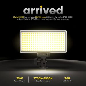 Digitek (LED-D308) 25W Bi-Color LED Video Light with Hot Shoe Mount, 2700K–6500K Adjustable Color Temperature, 308 LEDs, 2860LM Brightness, For YouTube, Photography, Video Shoot (Battery Not Included)