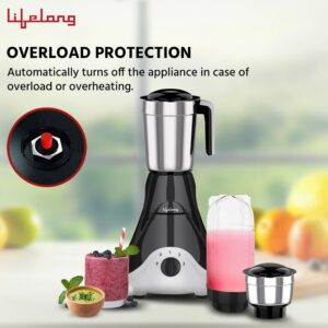 Lifelong Mixer Grinder for Kitchen - 4 Jars 500 Watt Mixie - 2 Nutri bullet Jars for Smoothie & Blending, Chutney Jar & Liquidizing Jar used as Wet Grinder & Blender - Stainless Steel Blades (LLMG39)
