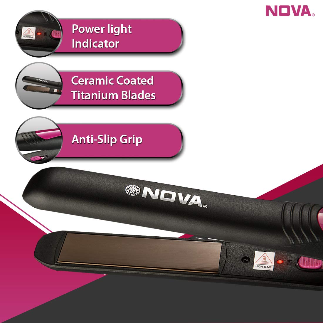 Nova NHS - 840 Selfie Hair Straightener for Women (Pink) - Image 3