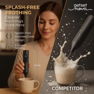 Nova Milk Frother Rechargable Coffee Frother Milk & Beater for Cold Latte 2In1 Handheld Battery-Powered Blender and Egg Whisker | 1 Year Warranty Free Frothy Recipe E-Book (Whisker), Black