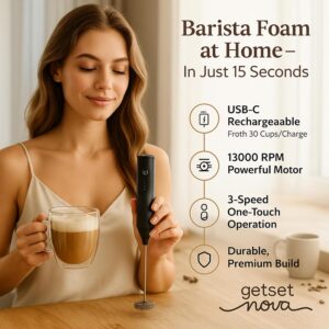 Nova Milk Frother Rechargable Coffee Frother Milk & Beater for Cold Latte 2In1 Handheld Battery-Powered Blender and Egg Whisker | 1 Year Warranty Free Frothy Recipe E-Book (Whisker), Black