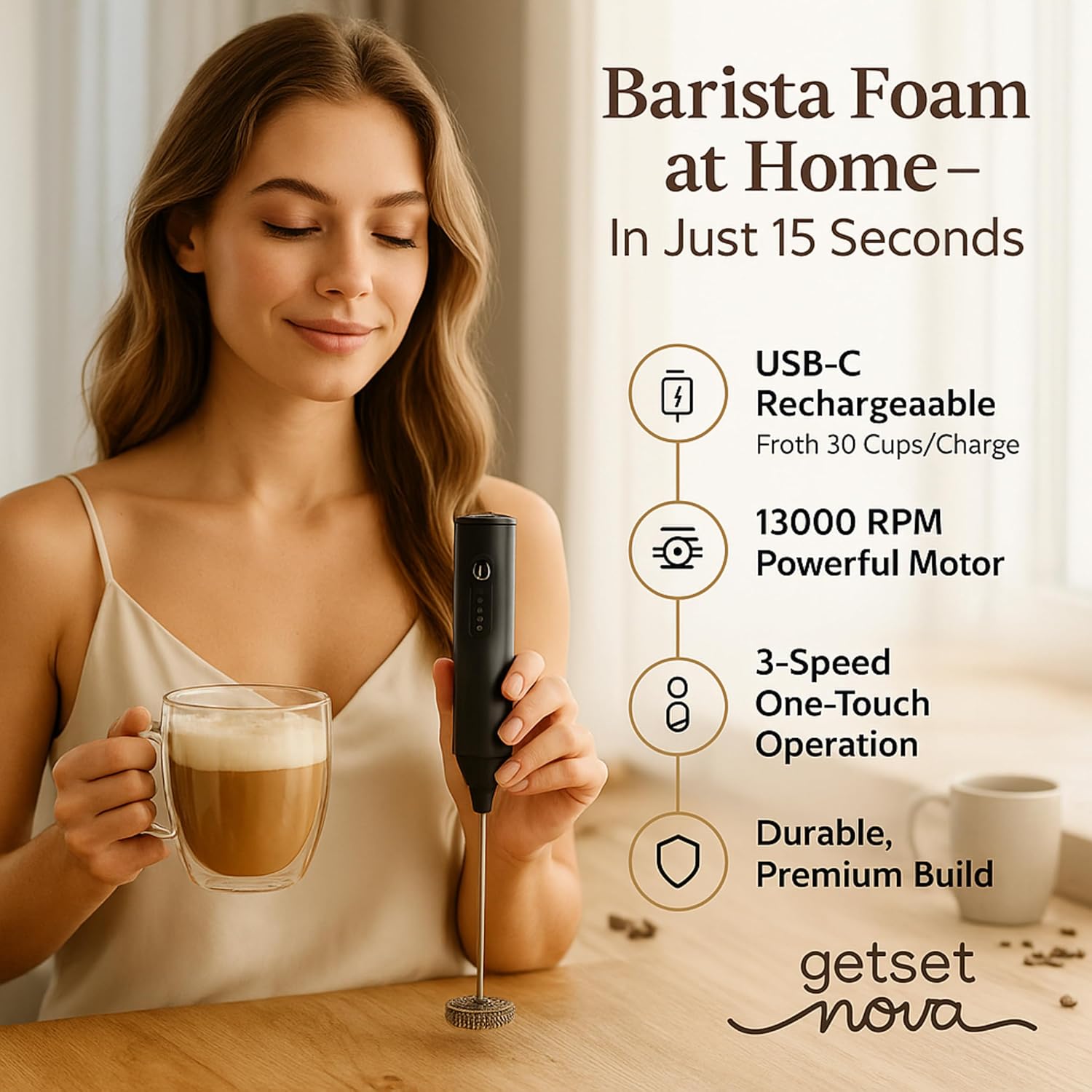 Nova Milk Frother Rechargable Coffee Frother Milk & Beater for Cold Latte 2In1 Handheld Battery-Powered Blender and Egg Whisker | 1 Year Warranty Free Frothy Recipe E-Book (Whisker), Black - Image 5