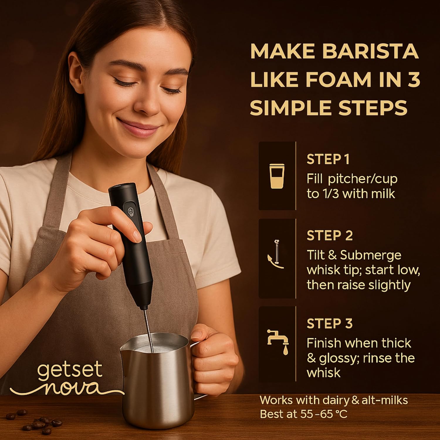 Nova Milk Frother Rechargable Coffee Frother Milk & Beater for Cold Latte 2In1 Handheld Battery-Powered Blender and Egg Whisker | 1 Year Warranty Free Frothy Recipe E-Book (Whisker), Black - Image 2