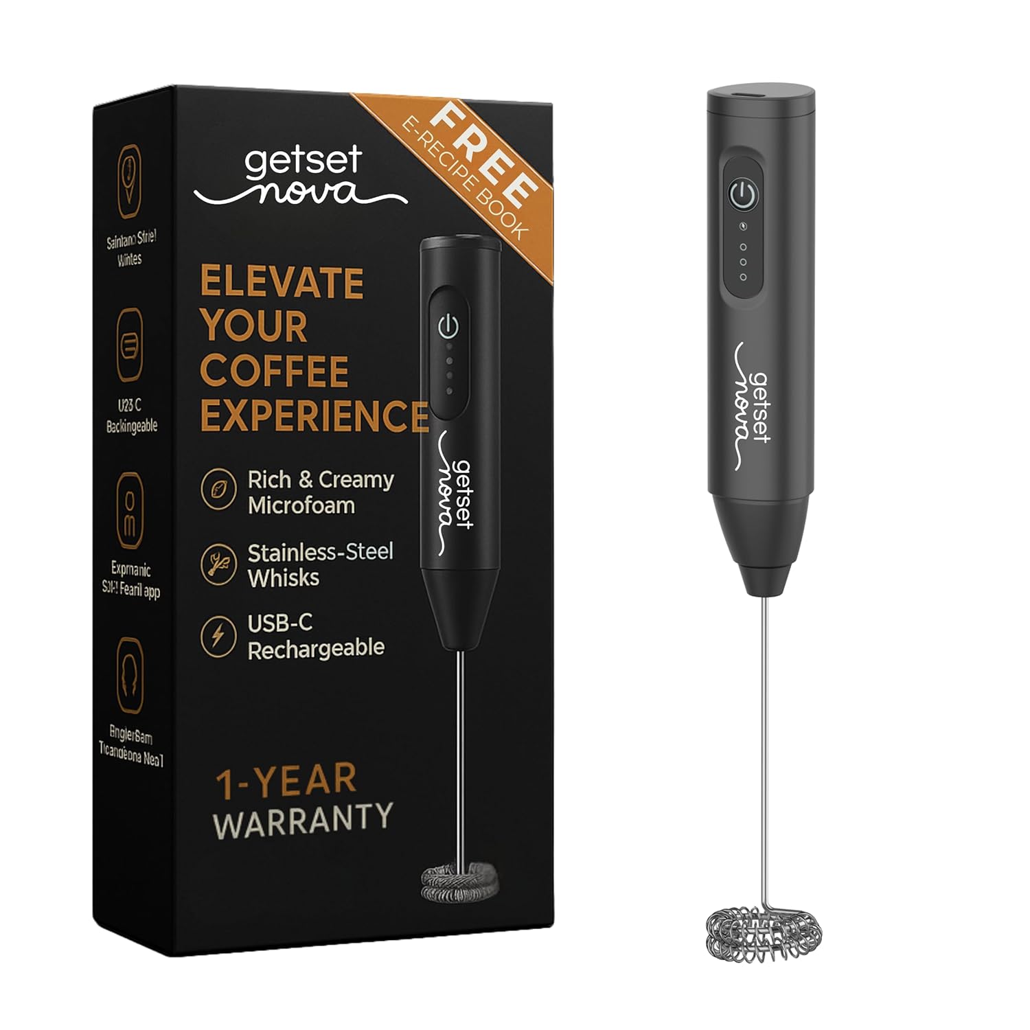 Nova Milk Frother Rechargable Coffee Frother Milk & Beater for Cold Latte 2In1 Handheld Battery-Powered Blender and Egg Whisker | 1 Year Warranty Free Frothy Recipe E-Book (Whisker), Black