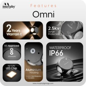 Murphy LED Outdoor Up/Down Wall Light - 6W, Warm White, (4 Multi-Directional Beams), IP65 Waterproof Aluminum Body, Pack of 1 (2-Year Warranty)