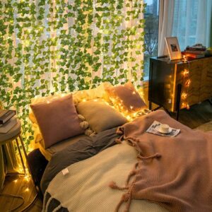 MoonlitDreams Artificial Ivy Plant Vine with Warm White LED String Lights, 7ft Hanging Creeper for Bedroom, Wall, Balcony & Home Decoration, Battery Operated Fairy Lights