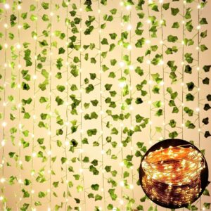 MoonlitDreams Artificial Ivy Plant Vine with Warm White LED String Lights, 7ft Hanging Creeper for Bedroom, Wall, Balcony & Home Decoration, Battery Operated Fairy Lights