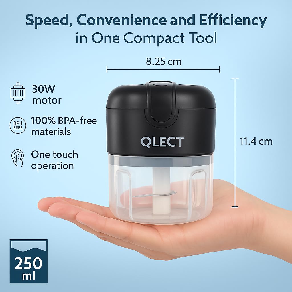 QLECT Electric Mini Chopper, USB Rechargeable Garlic Chopper with Stainless Steel Blades, Portable Food Processor for Onion, Nuts, Ginger, Vegetables & Baby Food (250ml, Black) - Image 6
