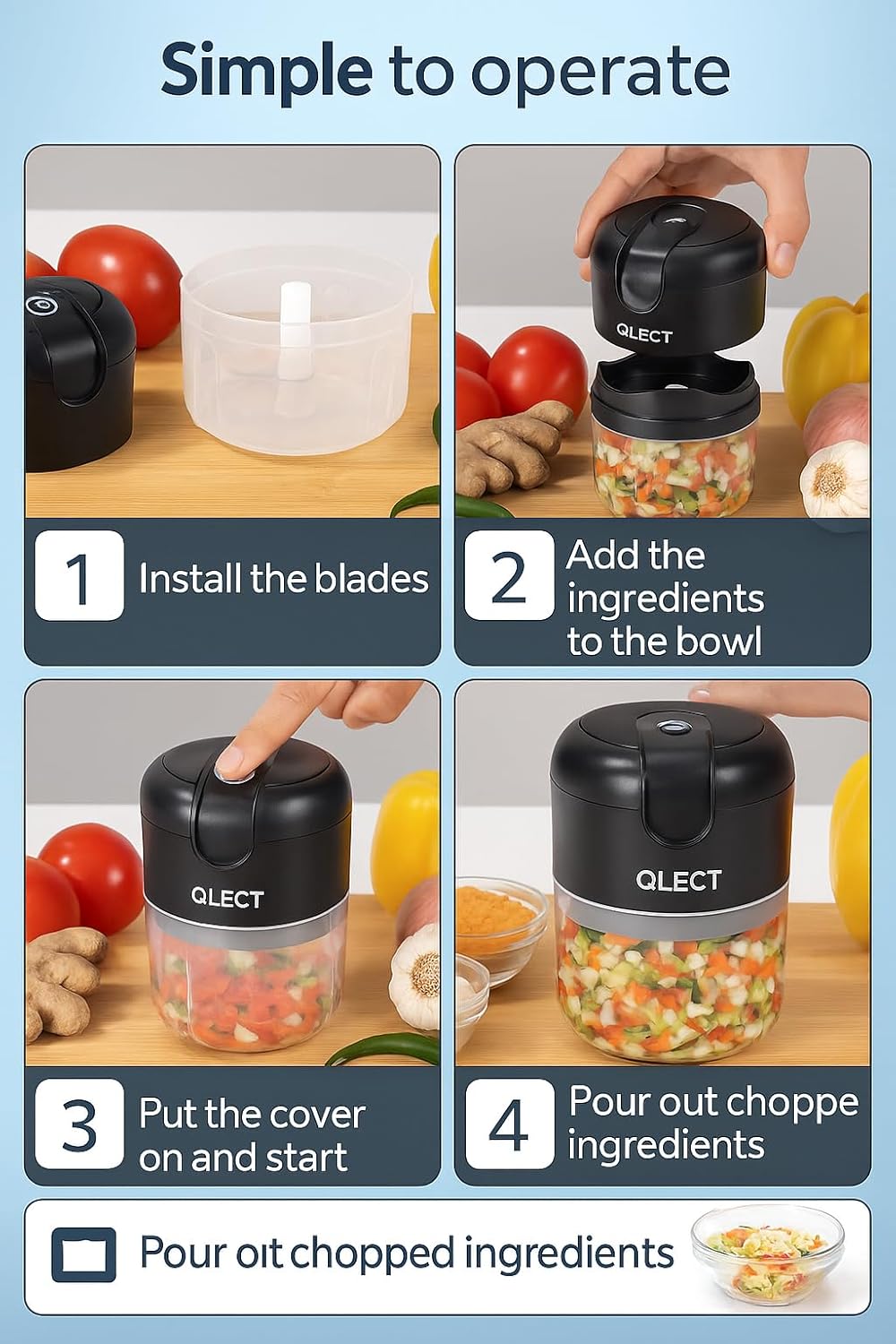 QLECT Electric Mini Chopper, USB Rechargeable Garlic Chopper with Stainless Steel Blades, Portable Food Processor for Onion, Nuts, Ginger, Vegetables & Baby Food (250ml, Black) - Image 4