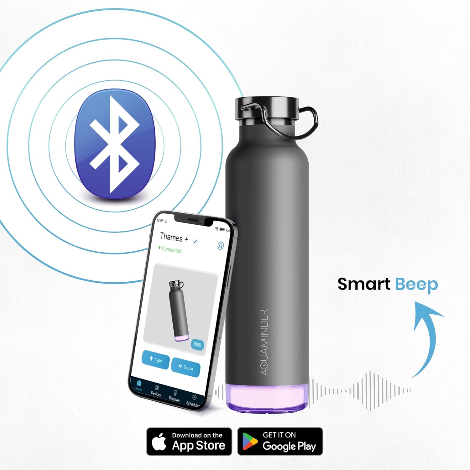 Aquaminder Smart Water Bottle | RGB LED Glow & Timer Hydration Reminder with BT Mobile Phone Connection, Thames with App 600 ML (Grey) - Image 7