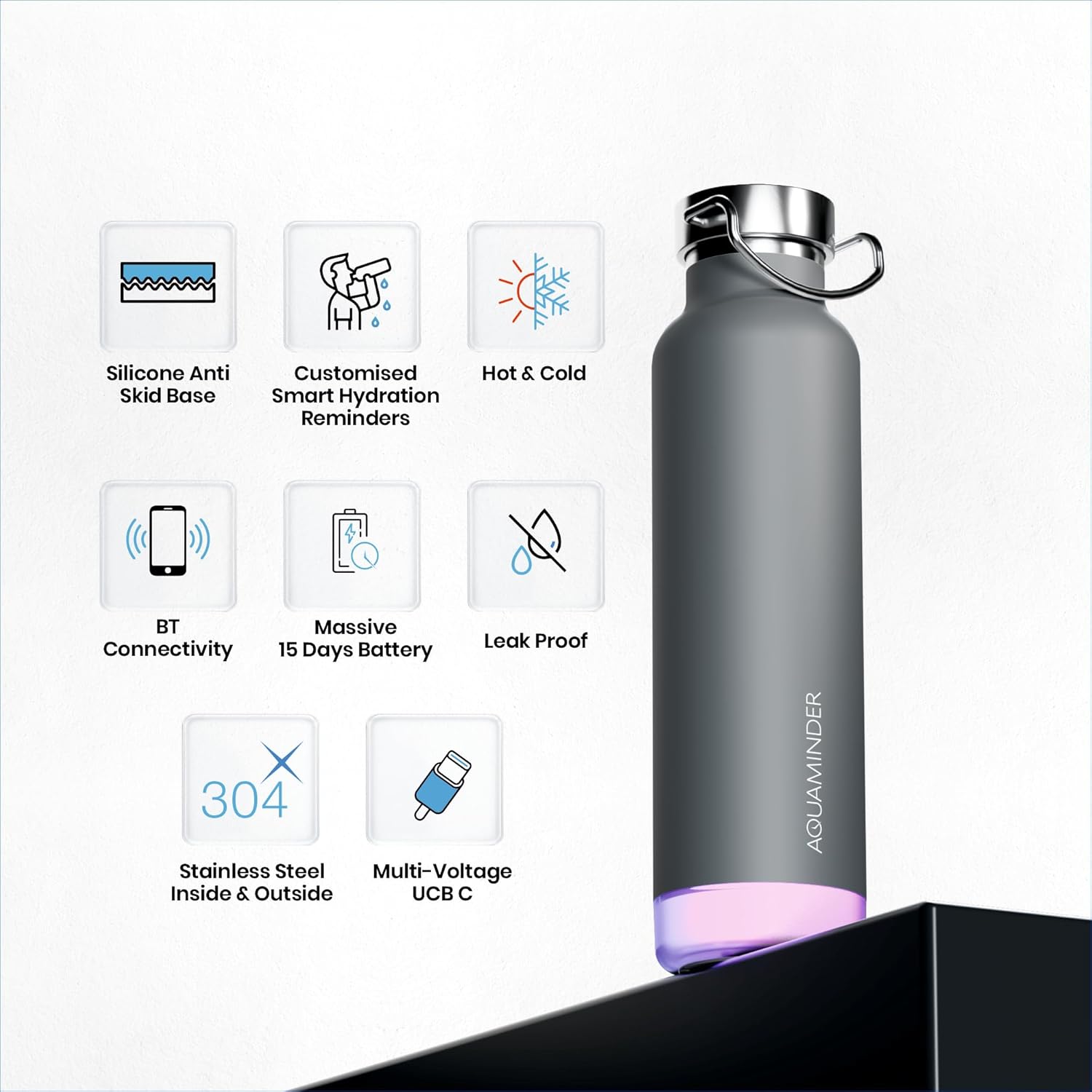 Aquaminder Smart Water Bottle | RGB LED Glow & Timer Hydration Reminder with BT Mobile Phone Connection, Thames with App 600 ML (Grey) - Image 6