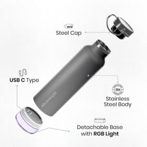 Aquaminder Smart Water Bottle | RGB LED Glow & Timer Hydration Reminder with BT Mobile Phone Connection, Thames with App 600 ML (Grey)