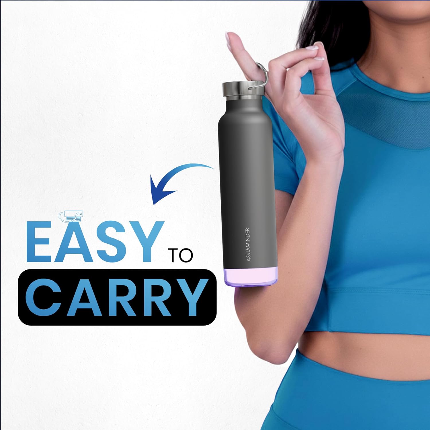 Aquaminder Smart Water Bottle | RGB LED Glow & Timer Hydration Reminder with BT Mobile Phone Connection, Thames with App 600 ML (Grey) - Image 2