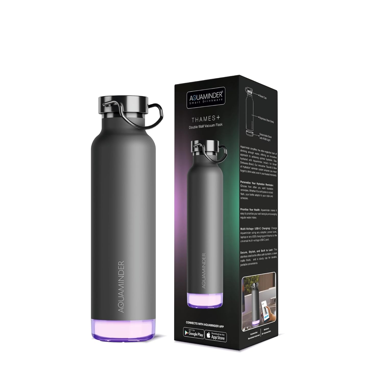 Aquaminder Smart Water Bottle | RGB LED Glow & Timer Hydration Reminder with BT Mobile Phone Connection, Thames with App 600 ML (Grey)