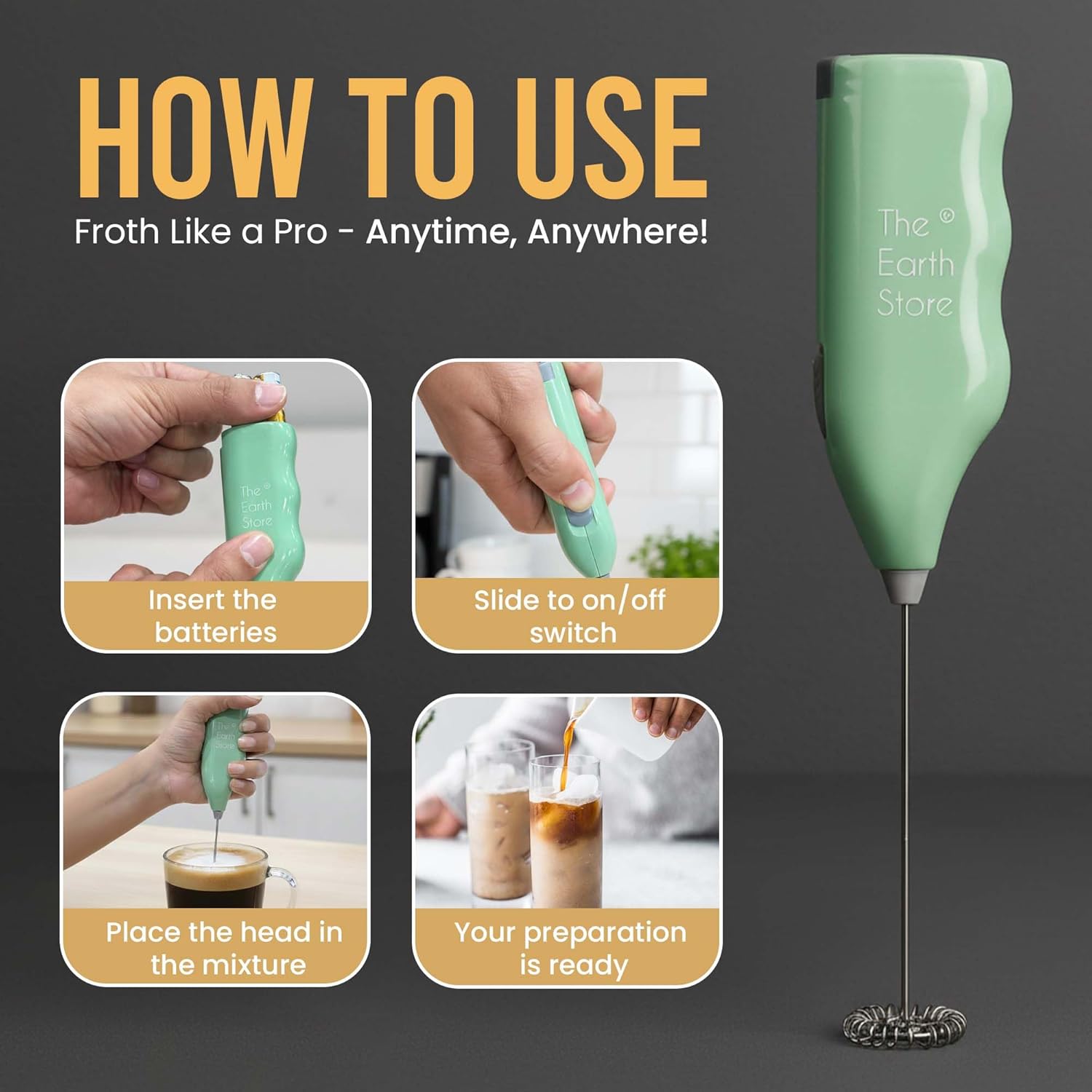 The Earth Store Swifther Handheld Assorted Coffee Frother Electric Milk Frother for Lattes Shakes Mini Foamer for Cappuccino, Frappe, Matcha, Egg Beater Hand Blender (Battery Operated) - Image 6
