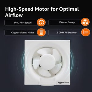 Amazon Basics Ventilation 6" Fan | 30W | 5 Blades | 150 mm | 5.6 dB Low Noise | Window Mount | Wall Switch Control | White Plastic