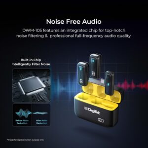 Digitek® (DWM 105) 2 in 1 Wireless Microphone System with ANC Mode, 50m Wireless Range, 6-Hour Working Time, Plug & Play Auto Pairing, Compatible with Android & iOS for Broadcasting & Audio Recording