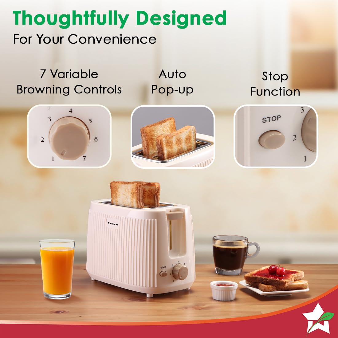 Wonderchef Regalia 2-Slice Pop-up Toaster with Lid Cover, 7 Browning Options for Golden Crispy Bread Toasts, Mid-Cycle Cancel Function, Slide-out Crumb Tray, 2-Yr Warranty, Ivory, Electric Toaster - Image 5